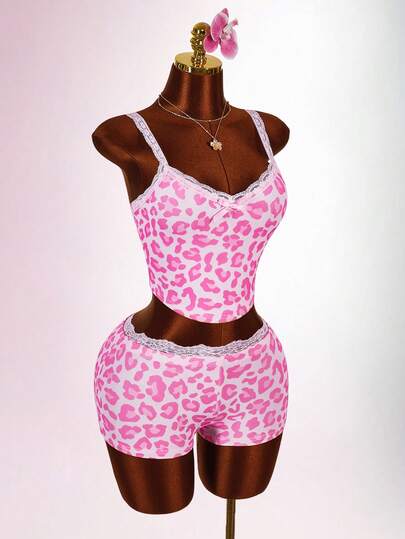 Amplova Contrast Color Lace Patchwork Bow Decor Camisole & Mini Shorts 2 Pieces Set