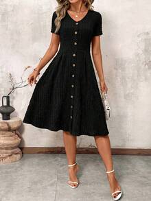 SHEIN Clasi Đầm nữ cổ chữ V cài cúc, chấm bi đỏ, thắt eo, thích hợp cho mùa xuân, ngày Valentine. - màu đen - Xem 4