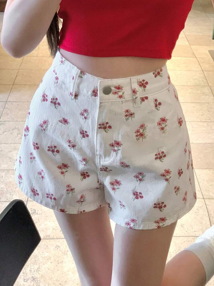 Women's Casual Straight Leg Denim Shorts, Retro Floral Print, Suitable For Spring, Summer, Beach, Street Wear