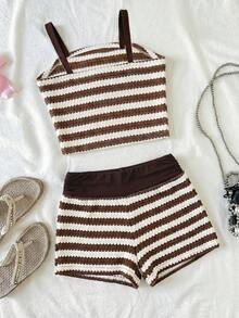SHEIN 2 Stücke/Set Mädchen braun gestreiftes Trägerhemd und braun gemusterter gestreifter Shorts - Kaffeebraun - Übersicht 2