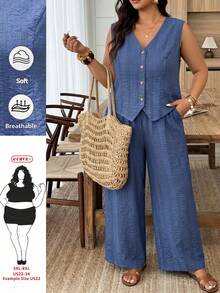 SHEIN CURVE+ 大码度假休闲装、毕业季、返校季西装背心+裤子套装/印花T恤 - 藍色 - 查看 7