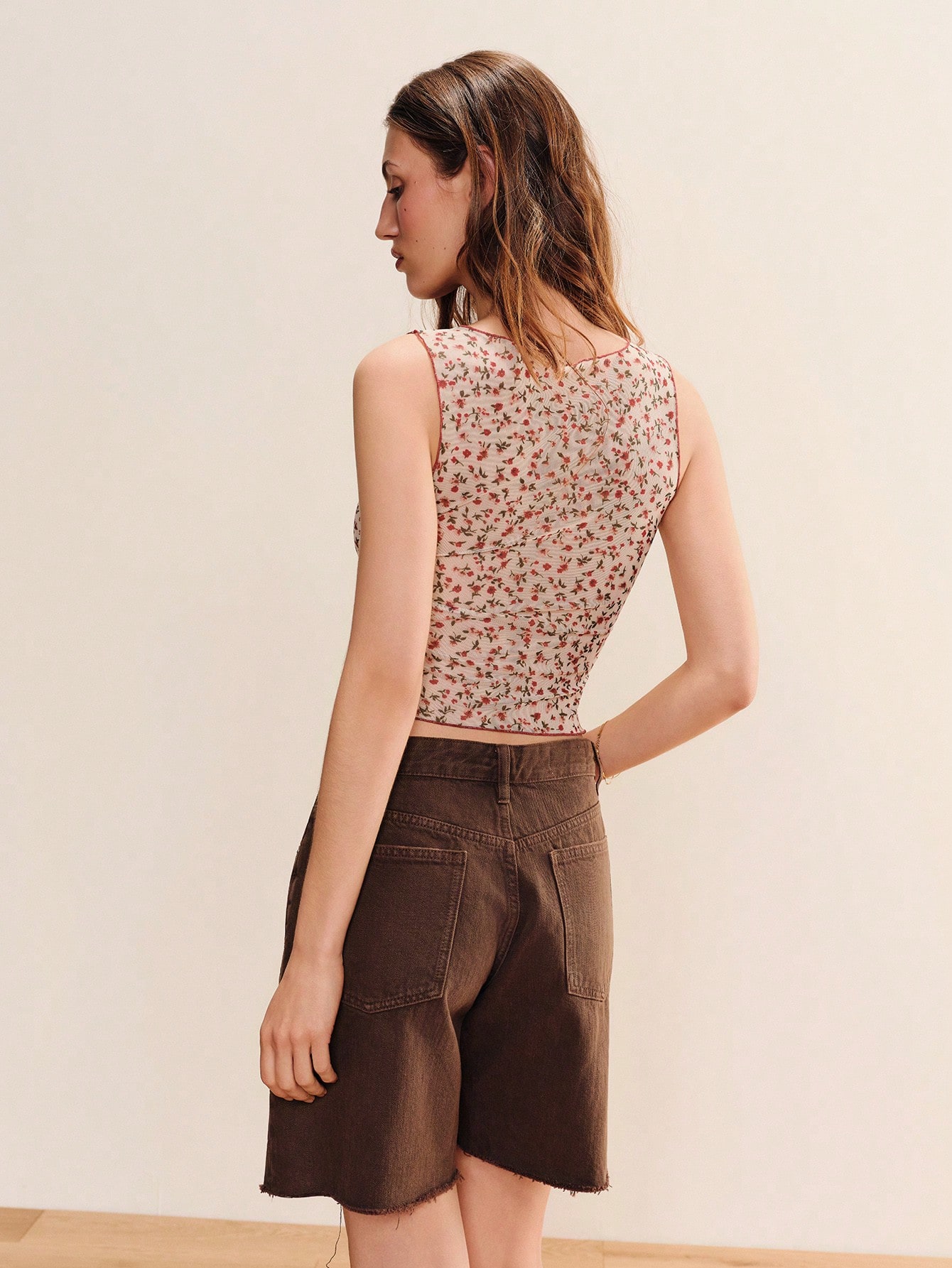 Cream And Red Sleeveless Cropped Fitted Floral Print Mesh Top With Contrast Details Cute Spring Summer Holiday Top Fitted Top French Style Top Vintage Top
