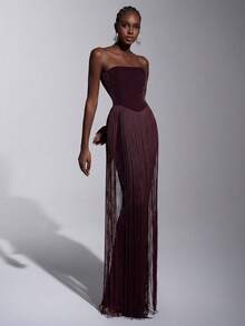 Elegant Romantic Cold-Shoulder Strapless Sequined Knit Mermaid Tassel Hem Dress, Suitable For Festivals, Weddings, Galas, Concerts, Business Events, Social Media Influencer Occasions - Burgundy - View 4