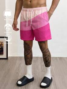 Manfinity EMRG Pantalones cortos casuales de playa con bloqueo de color y cordón en la cintura para hombres - Rosa Fucsia - Ver 2