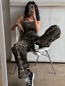 Bộ jumpsuit denim ống rộng có túi in họa tiết da báo dành cho nữ - Cà phê nâu - Xem 5