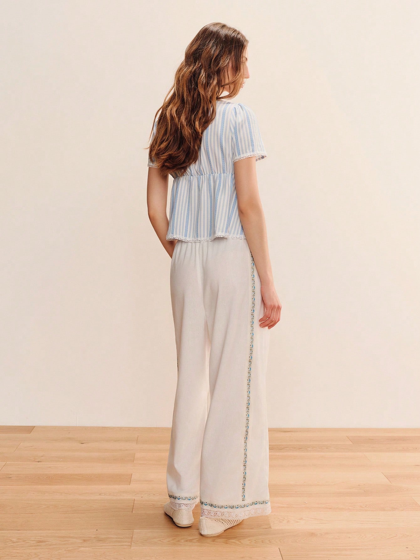 White Linen Loose Fit Summer Trouser With Blue Embroidery Panel Detail Boho Cute Spring Summerfrench Style Casual Pants Holiday Pants Vacation Pants