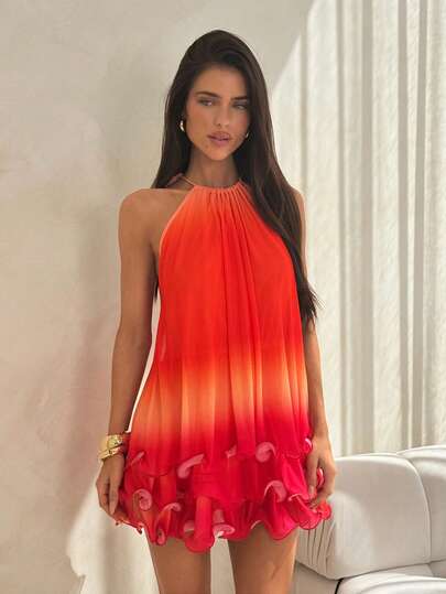 SHEIN ICON Đầm ngắn dáng rộng cổ yếm thắt nút màu chuyển sắc dành cho nữ, phong cách nghỉ mát biển.