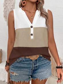 EMERY ROSE New Arrival Plus Size Women Casual Versatile Colorblock V-Neck Tank Top - Multicolor - View 3