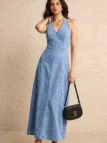 Poéselle 女士V领露背时尚吊带牛仔连衣裙 - 淺色水洗藍 - 查看 4