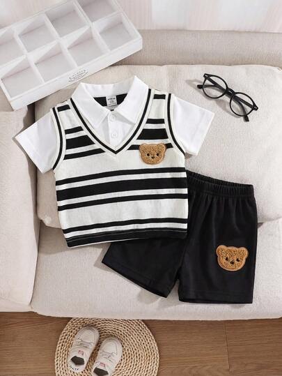 SHEIN Playful Pals 两件套婴儿幼儿男童条纹针织背心+白色短袖小熊图案polo衫+小熊图案黑色短裤，休闲学院风短袖短裤套装，适合日常穿着，春夏季节，6个月-3岁