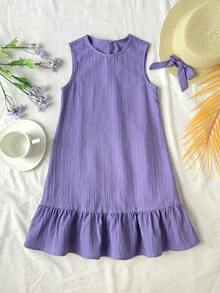 SHEIN Toddler Girls' Vacation Casual Chic Woven Textured Solid Color Round Neck Sleeveless Bow Back Decor Cute Dress,Purple Kids Summer Ruffle Hem - Mauve Purple - View 5