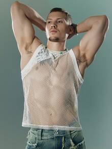 FeverCity Men's Sheer Solid Color Sexy Round Neck Tank Top - White - View 1