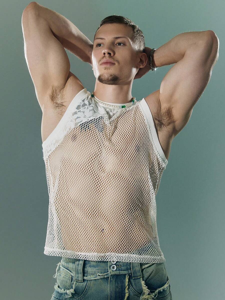FeverCity Men's Sheer Solid Color Sexy Round Neck Tank Top - White - View 1