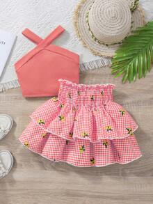 SHEIN Genkimix Kids Bộ đồ đi nghỉ hè cho bé gái, kiểu dáng thường ngày: áo tank top cổ yếm màu trơn và chân váy xếp ly họa tiết hoa nhí cạp chun, thích hợp cho mùa hè. - Hồng - Xem 3