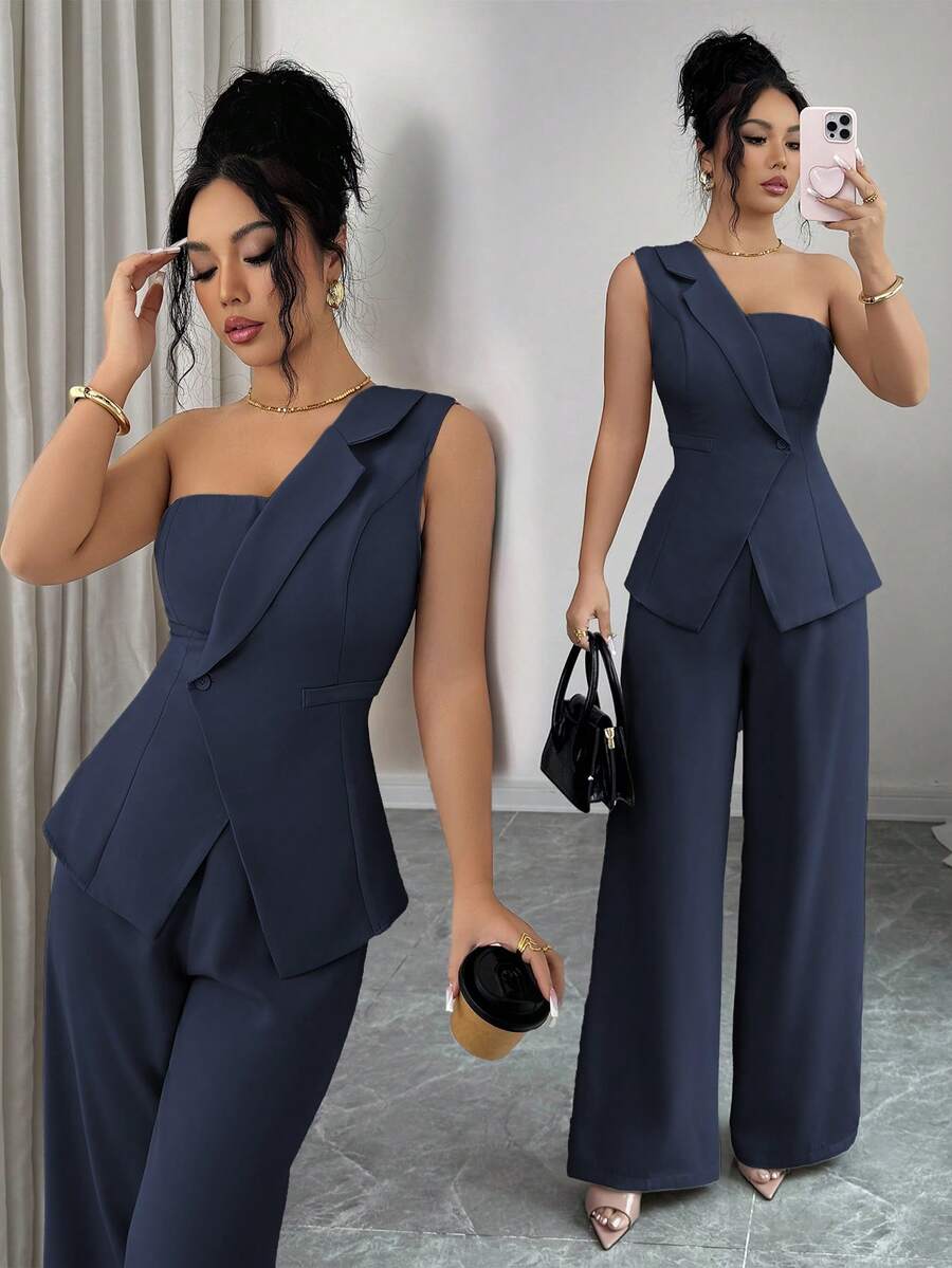 Elenzga Regata Solta com Decote Alto Franzido em Cetim Seda Macio Estilo Ilha, Elegante Estilo Romântico Francês Vintage para Escritório, Trabalho, Casual, Praia e Férias, Primavera/Verão Novo - Azul Marinho - Visão 1