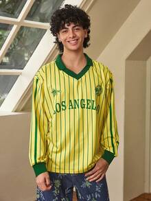 Open Phase Men's Striped Letter Print Polo Shirt, Casual & Fashionable, Suitable For Spring & Autumn - Yellow - View 4