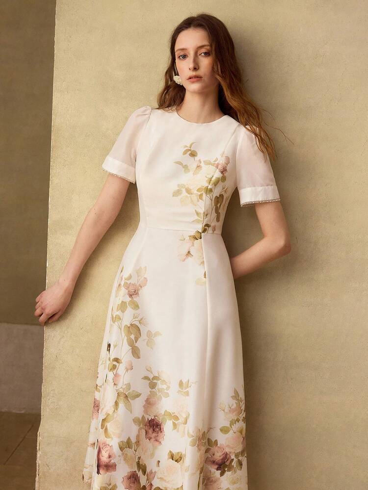 WOMEN'S ROMANTIC ELEGANT PLACEMENT PRINT SHORT SLEEVE DRESS, SPRING/SUMMER
