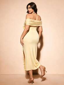Cravure Plus Size Women's New Elegant Party Burgundy Romantic 3D Rose Off-Shoulder Ruffle Hem Slit Waist Formal Maxi Dress - Apricot - View 2