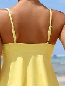 Swim Lushoire Đồ bơi nữ thời trang mới nhất, trang phục đi biển, trang phục thường ngày cho kỳ nghỉ, họa tiết hoa hồng, áo hai dây và bikini viền bèo vàng, đồ bơi mùa hè thanh lịch và ngọt ngào dành cho nữ. - Màu vàng - Xem 5