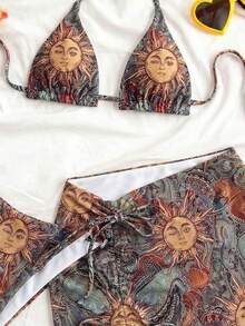Soleia Bộ bikini nữ kiểu retro mới, họa tiết thần mặt trời vàng, paisley và hoa văn cổ điển, buộc dây cổ, thời trang và gợi cảm. - Nhiều màu - Xem 3