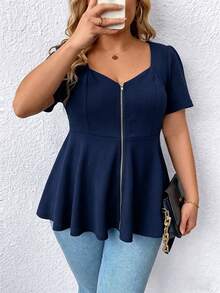 SHEIN CURVE+ Women's New Summer Short Sleeve Navy Blue Metallic Zipper Shirt, Wavy Hem, Diamond Shaped Collar Design, Minimalist Office Casual Wear - Navy Blue - View 5