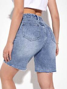 SHEIN PETITE Quần short denim cạp cao dáng casual mùa hè dành cho nữ - Màu xanh lam - Xem 2