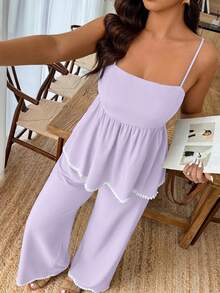 Weeklong Plus Size Women's 2 Pieces Wave Heart Ribbon Contrast Color Faux Linen Waist Casual Commuter Suit, Spring/Summer - Mauve Purple - View 3