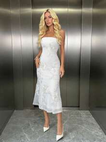 Rafferiza Vestido sin tirantes con malla y flores 3D en estilo vacacional para mujeres - Blanco - Ver 3