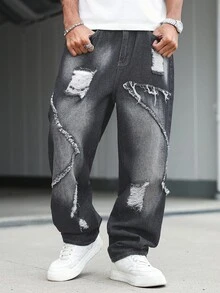 Manfinity EMRG Men's Casual Fashion Street Ripped Frayed Loose Fit Jeans - Grey - View 7