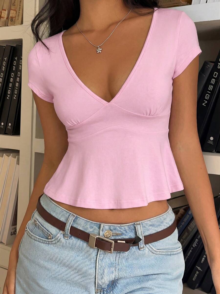 SHEIN EZwear Kaos Kasual Lengan Pendek Leher V Hitam Wanita, Musim Panas - Berwarna merah muda - View 1