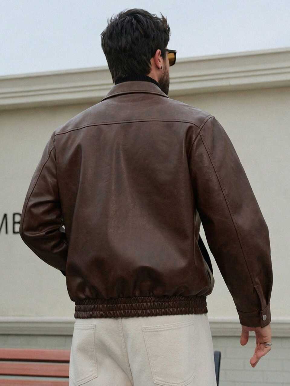 Autumn/Winter Thick Chestnut Brown Loose PU Fabric Men's Jacket