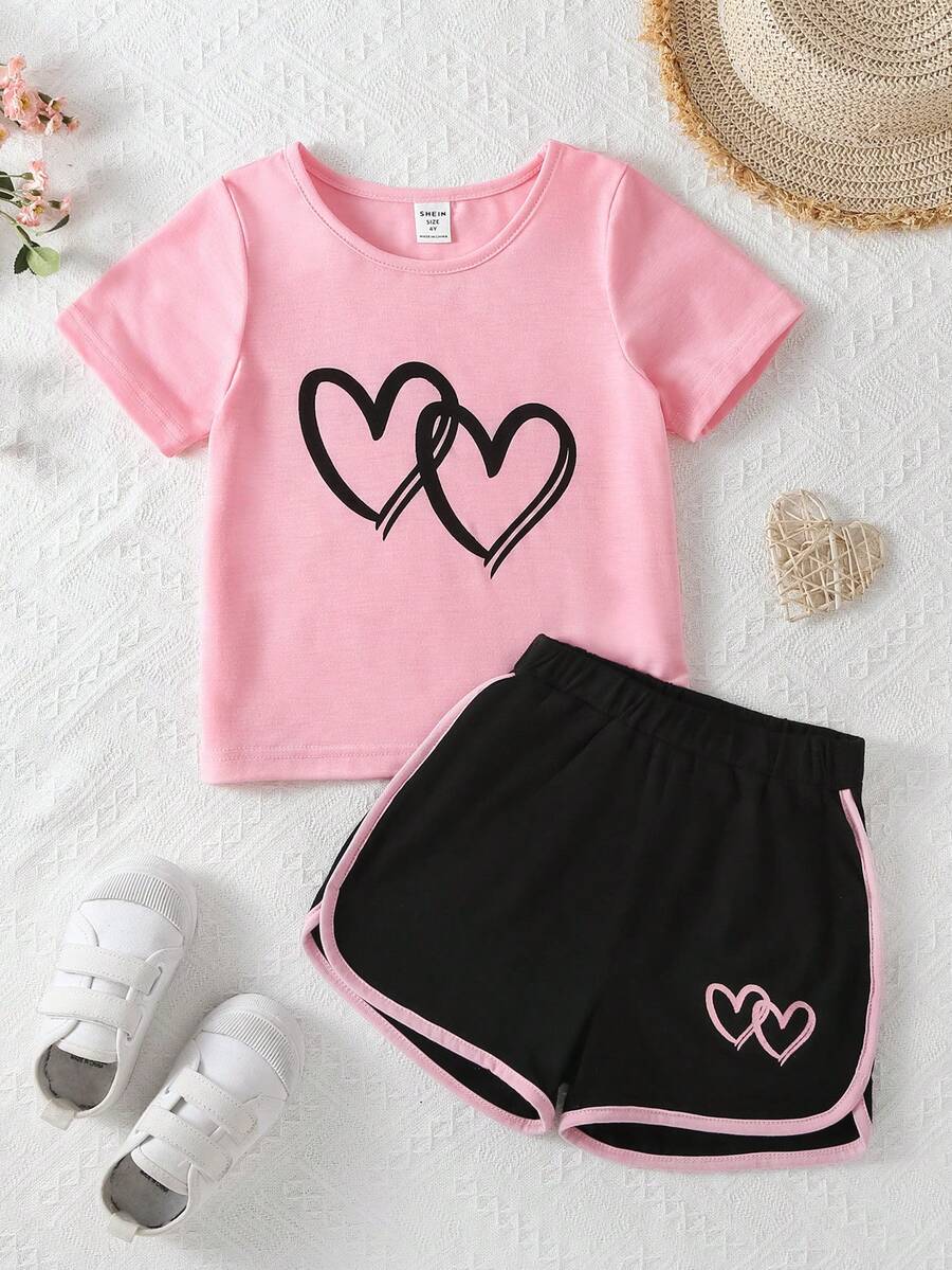 SHEIN 2pcs/Set Young Girl Summer Casual Heart Print T-Shirt And Shorts Set - Multicolor - View 1