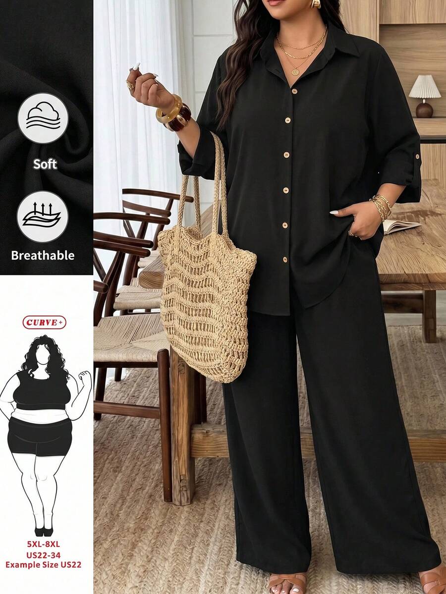 SHEIN CURVE+ Bộ đồ nữ thường ngày 2 mảnh, áo sơ mi cổ bẻ một hàng cúc màu trơn kiểu dáng công sở và quần ống rộng cạp cao. - màu đen - Xem 1