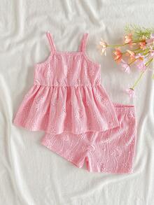 SHEIN Vintaside Kids 2件套女婴幼儿/新生儿0-3岁休闲可爱度假粉色针织镂空吊带背心+短裤套装，春夏款 - 粉色 - 查看 5