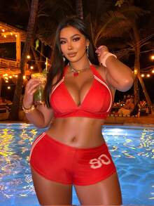 Swim SXY Set Pakaian Renang Pantai Ukuran Besar - Merah - View 3