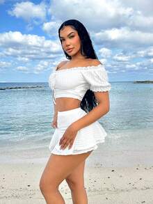 SHEIN SXY 海滩；夏季度假服装公主袖荷叶边假日白色两件套短套装 - 白色 - 查看 7
