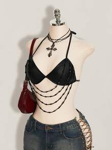 SHEIN ICON 女士露背系带休闲百搭上衣 - 黑色 - 查看 5