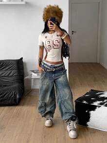 Coolane 女士夏季 Y2K 街头复古风演唱会服装锐舞派对服装音乐节外出黑色露脐 T 恤 - 杏色 - 查看 3