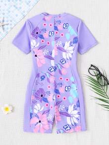 SHEIN Traje de baño de una pieza con cremallera con estampado floral tropical morado para niñas preadolescentes, ideal para vacaciones en la playa - Morado - Ver 5