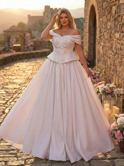 Glamrae Đầm cưới dáng chữ A màu trắng thanh lịch, lãng mạn, cổ tim, tay dài, chất liệu xuyên thấu, có gọng, đính ren Pháp, phối nhiều lớp, cỡ lớn (thiết kế tinh xảo).