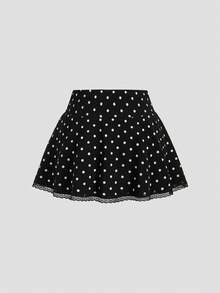 SHEIN Sweetro 女士时尚波点印花蕾丝拼接迷你裙 - 黑色 - 查看 2