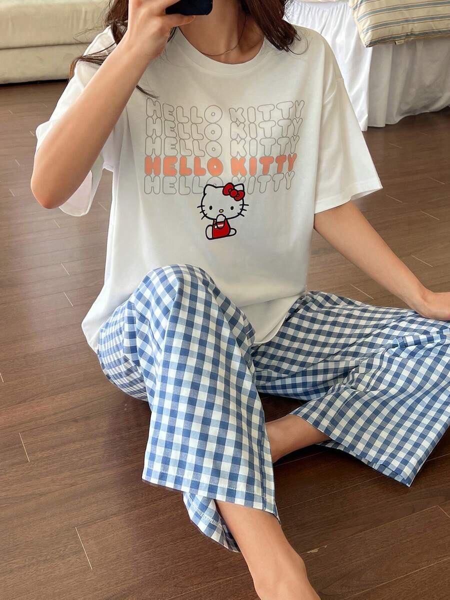 HELLO KITTY | DAZY 女士卡通字母印花T恤和格子睡裤睡衣套装,夏季 - 白色 - 查看 1