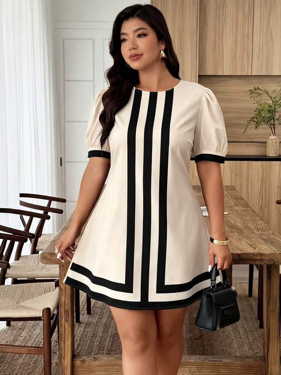 Weeklong Plus Size Women's Casual Vacation Round Neck Puff Sleeve A-Line Short Dress, Spring/Summer - Apricot - View 1
