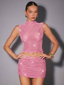 Hauture Sexy Summer Party Burgundy Red Mock Neck Hot Fixed Rhinestone Double Layer Mesh Tank Top - Pink - View 5