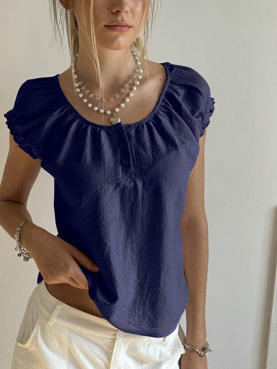 SHEIN Bubbli Women's Ruffle Collar Half-Open Neck T-Shirt - Navy Blue - View 1
