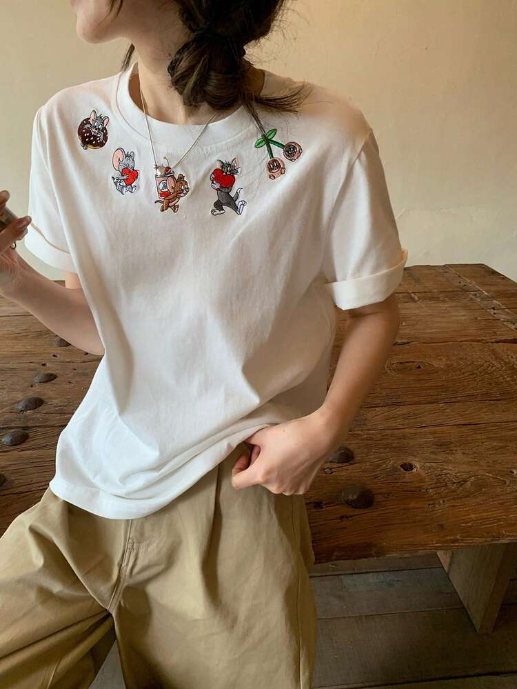 TOM AND JERRY X DAZY Women's Casual Cartoon Print Round Neck Short Sleeve T-Shirt, Summer