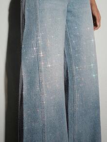 Quần jeans ống đứng đính đá lấp lánh - Màu xanh lam - Xem 2