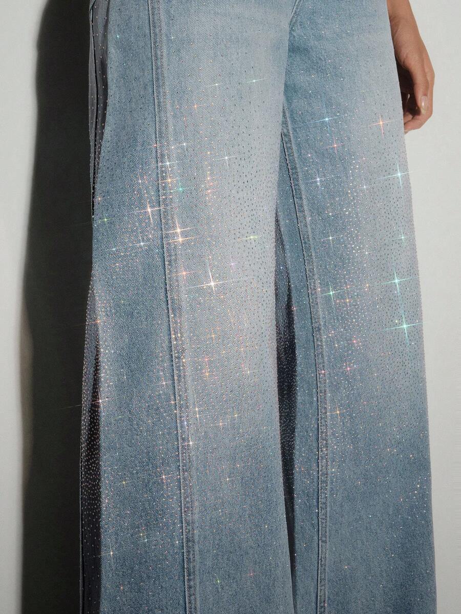 Quần jeans ống đứng đính đá lấp lánh - Màu xanh lam - Xem 1