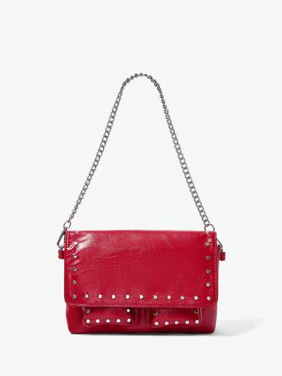 Viva Strut 1pc Women Red Fashionable For Party Night Out Dating Y2K Multi Pockets Studded Detail With Metal Chain Strap Faux Leather Shoulder Bag