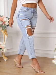 Plus Size Women High Waist Pockets Distressed Casual Jeans - Blue - View 4
